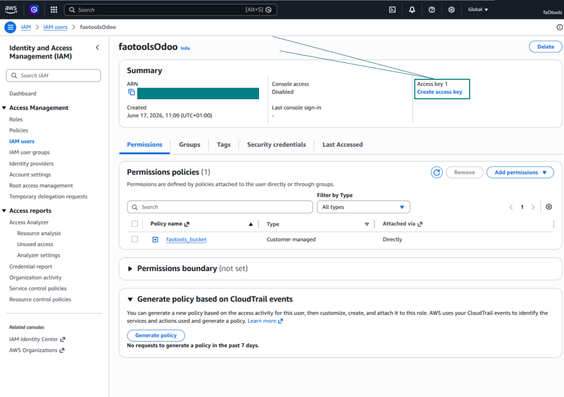 Open the IAM user and create an access key for the Amazon S3 connection